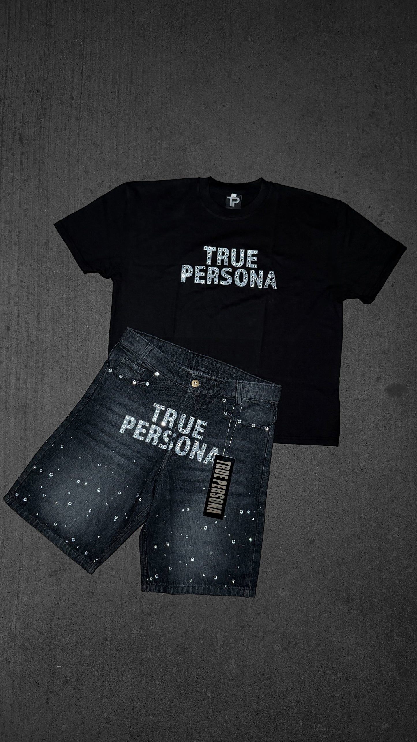 Rhinestone Jorts Set - BLACK