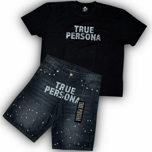 Rhinestone Jorts Set - BLACK