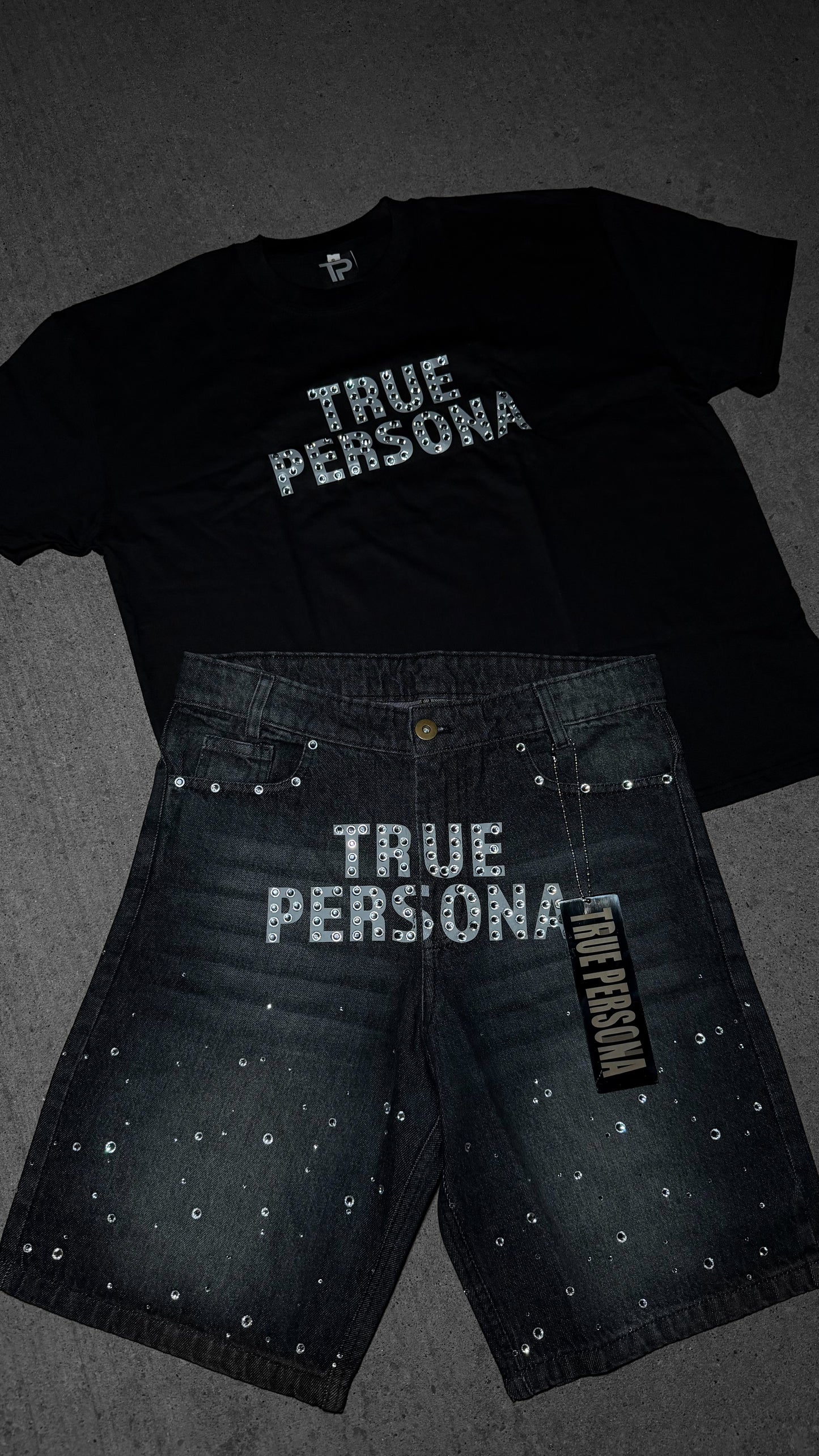 Rhinestone Jorts Set - BLACK